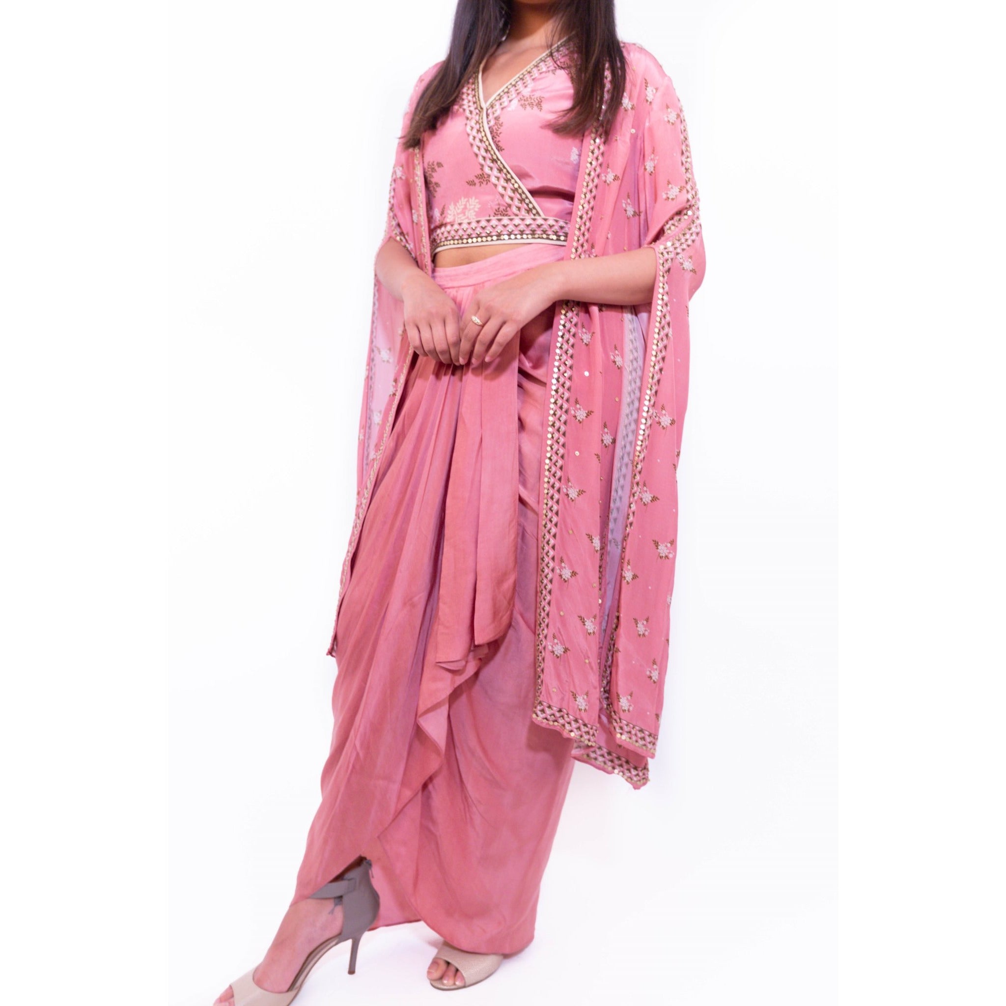 Crepe pink bustier, jacket and dhoti by Nirmoha Fashion House
