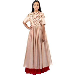 Shasha Gaba - Rose and Watermelon Kurta Set in Silk Chanderi with a Skirt