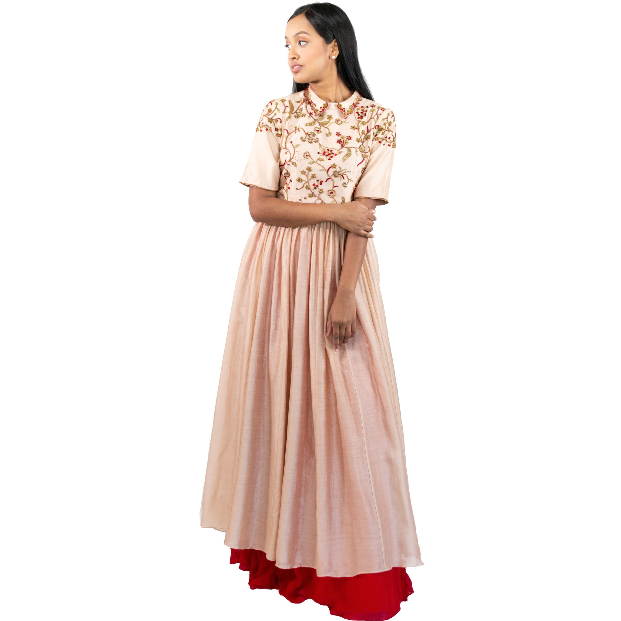 Shasha Gaba - Rose and Watermelon Kurta Set in Silk Chanderi with a Skirt