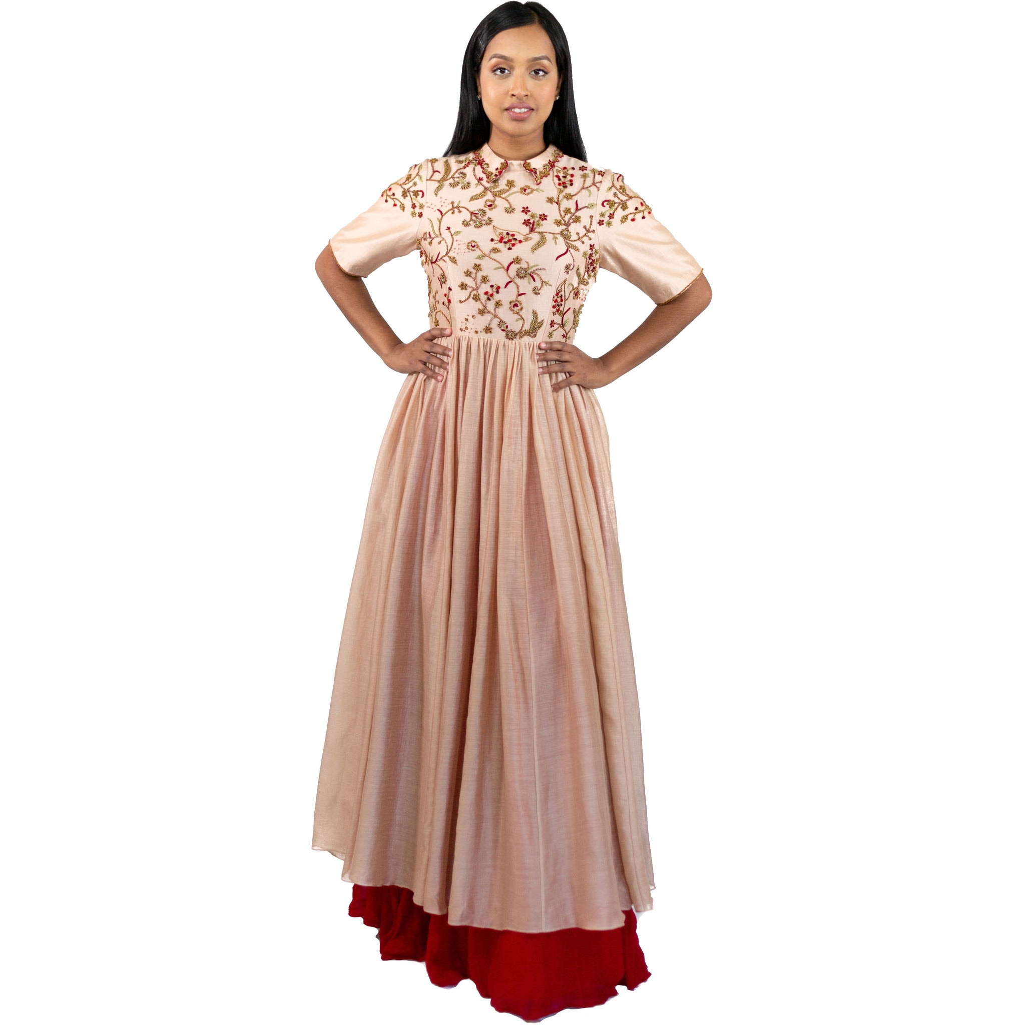Shasha Gaba - Rose and Watermelon Kurta Set in Silk Chanderi with a Skirt